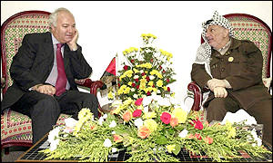 EU Mid-East envoy Miguel Moratinos and Palestinian leader Yasser Arafat