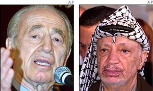 Shimon Peres, left, and Yasser Arafat